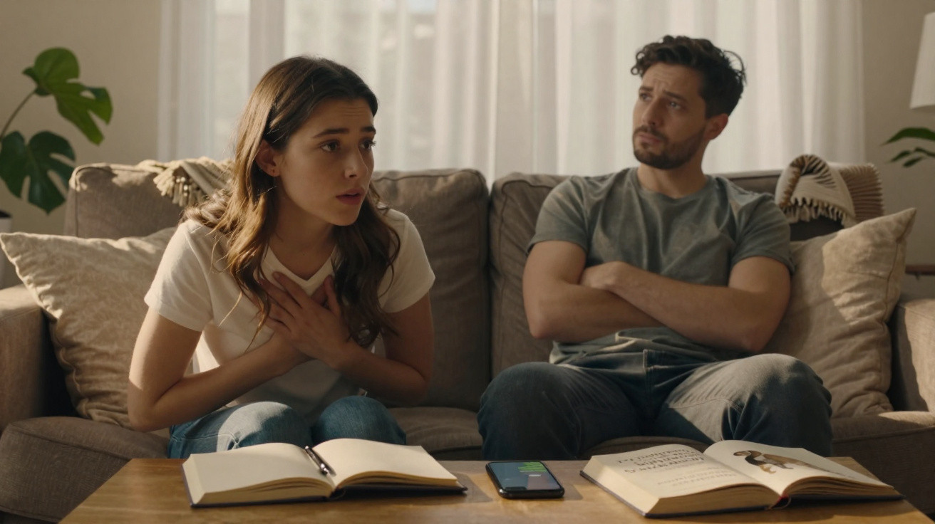 Casal sentado no sofá com expressão séria, livros e telemóvel sobre a mesa de centro.