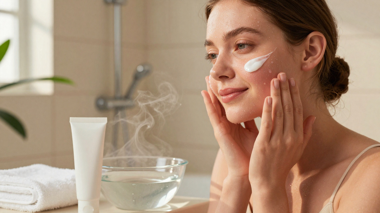 Mulher a aplicar creme hidratante facial, com toalha e produtos de cuidados da pele numa casa de banho.