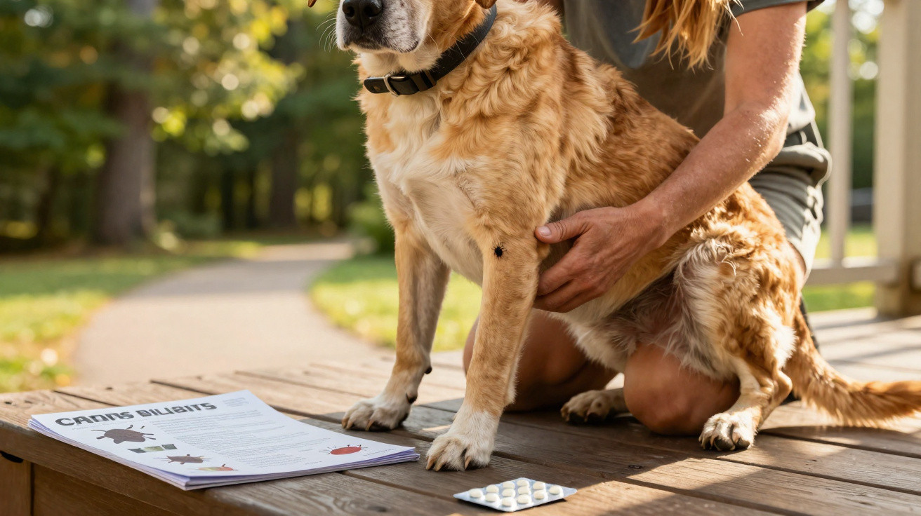 Cão castanho e branco sentado com uma pessoa ao ar livre, ao lado de medicação e folheto informativo.