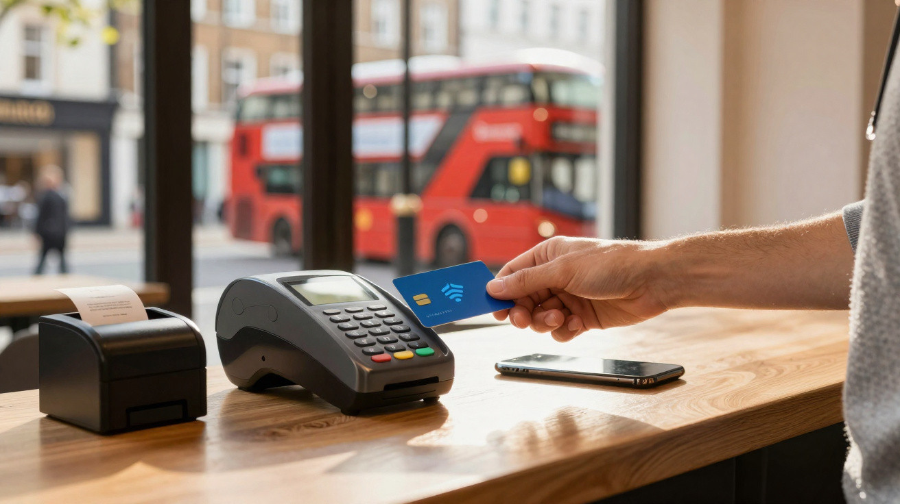 Pessoa a pagar com cartão contactless num terminal de pagamento, com autocarro vermelho ao fundo.