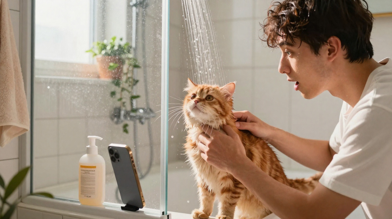 Homem a dar banho a um gato ruivo em casa, com smartphone apoiado no vidro da banheira.
