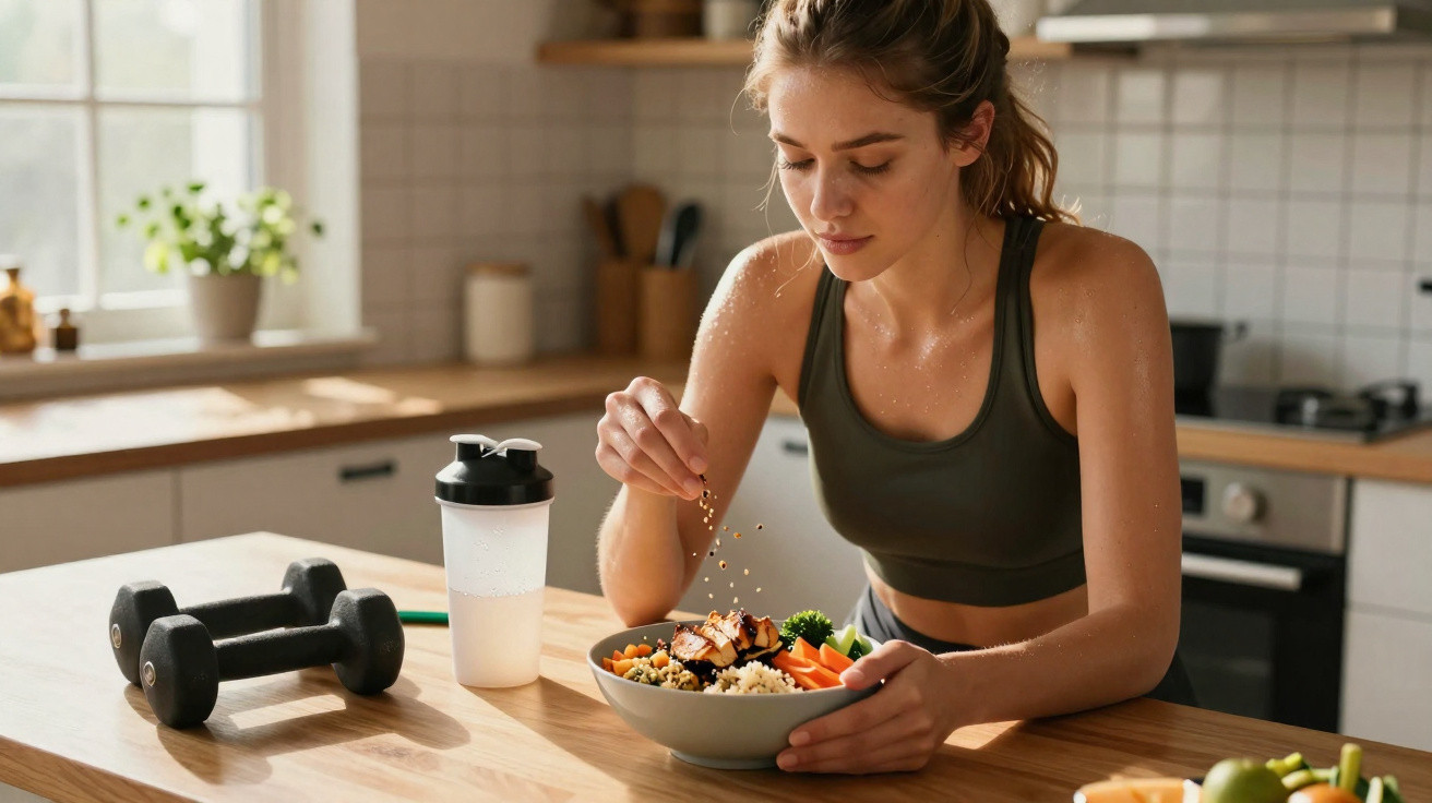 Mulher jovem em roupa desportiva a temperar salada saudável na cozinha moderna, com halteres e garrafa junto.