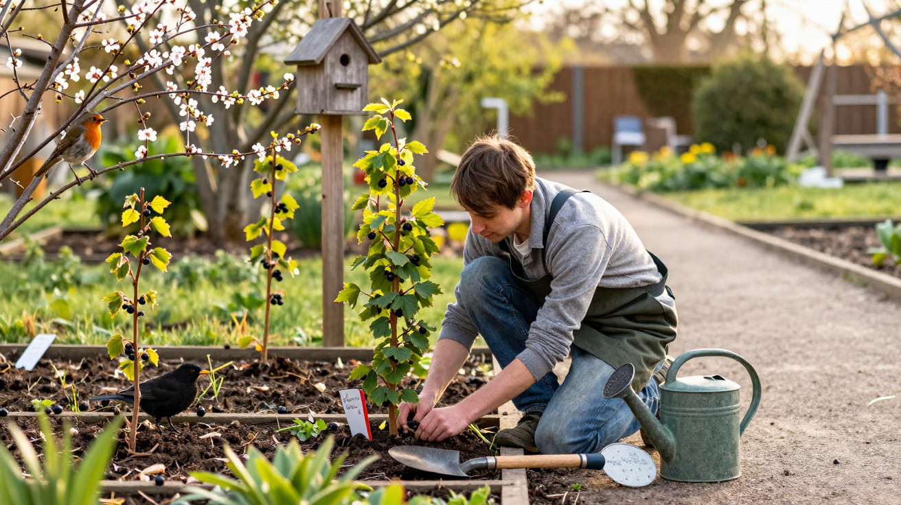 Jovem a plantar no jardim urbano na primavera, rodeado de plantas, pássaros e ferramentas de jardinagem.