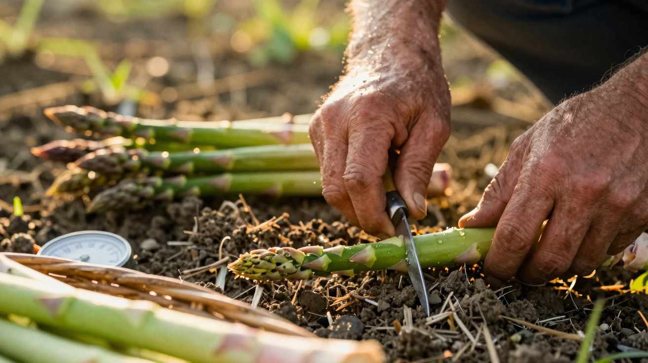 Mãos de agricultor a cortar espargos frescos junto ao solo numa plantação com luz natural.