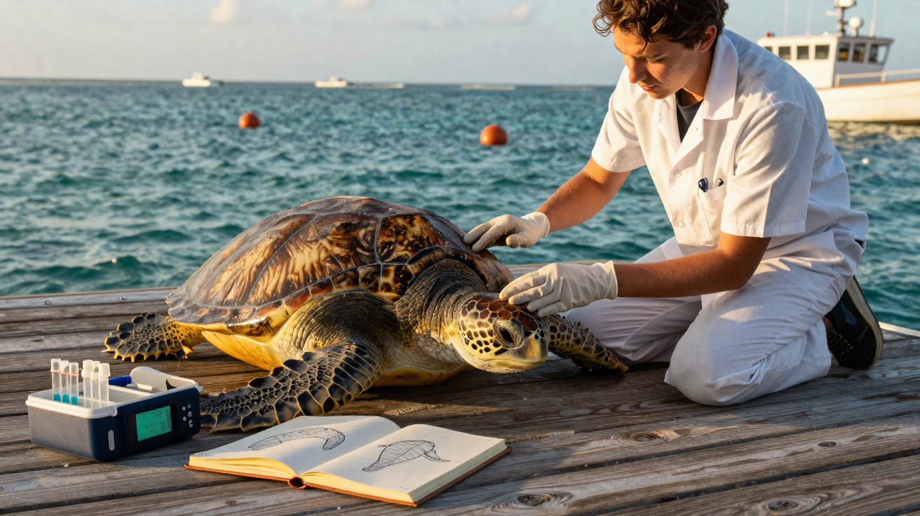 Veterinário examina tartaruga marinha numa doca junto ao mar com equipamentos e livro de estudo.