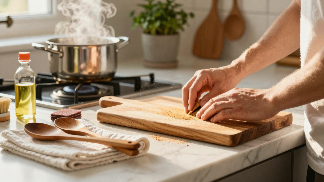 Pessoa a ralar noz-moscada numa tábua de madeira numa cozinha com panela a ferver ao fundo.