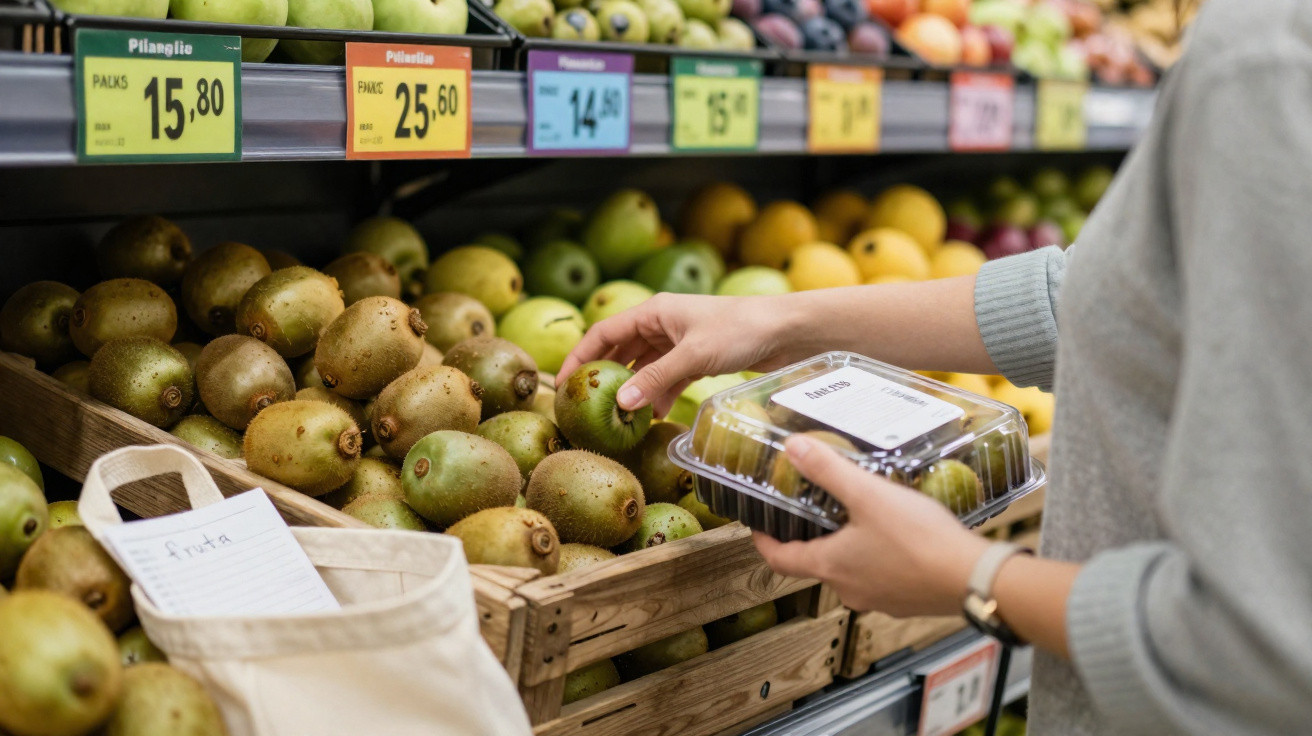 Pessoa a apanhar kiwi numa montra de supermercado com várias frutas e etiquetas de preços.