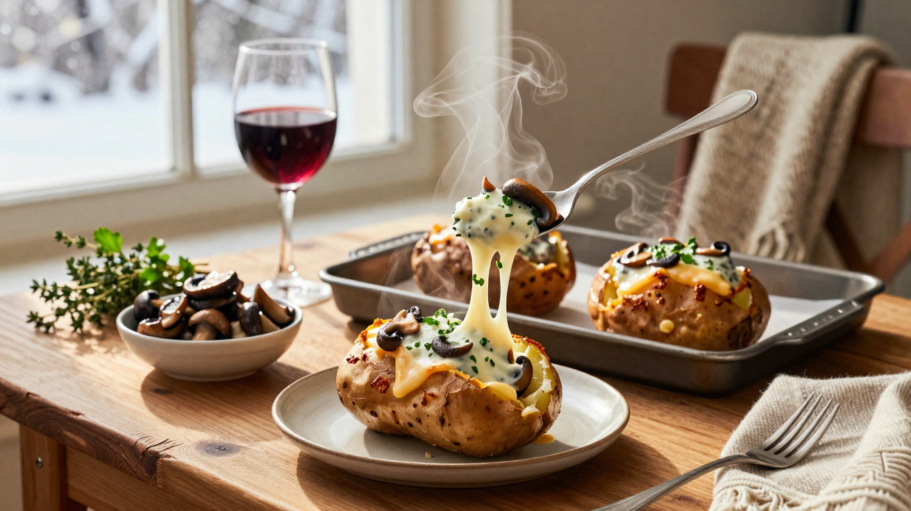 Batata assada com queijo derretido, cogumelos e ervas, com copo de vinho tinto ao fundo.