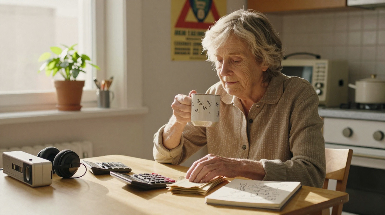 Senhora idosa sentada à mesa a beber chá e a organizar papéis com calculadora e cadernos à sua frente.