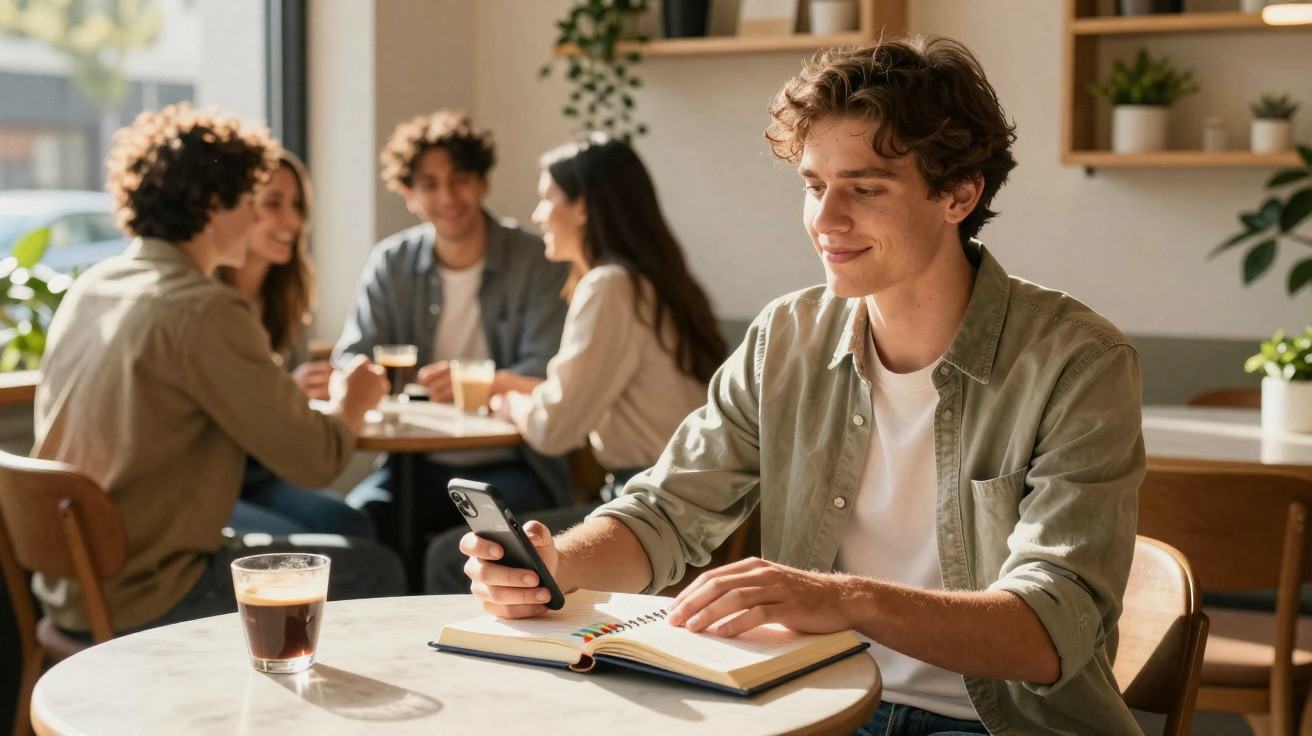 Jovem sentado num café a usar o telemóvel e com um caderno aberto, enquanto grupo conversa ao fundo.