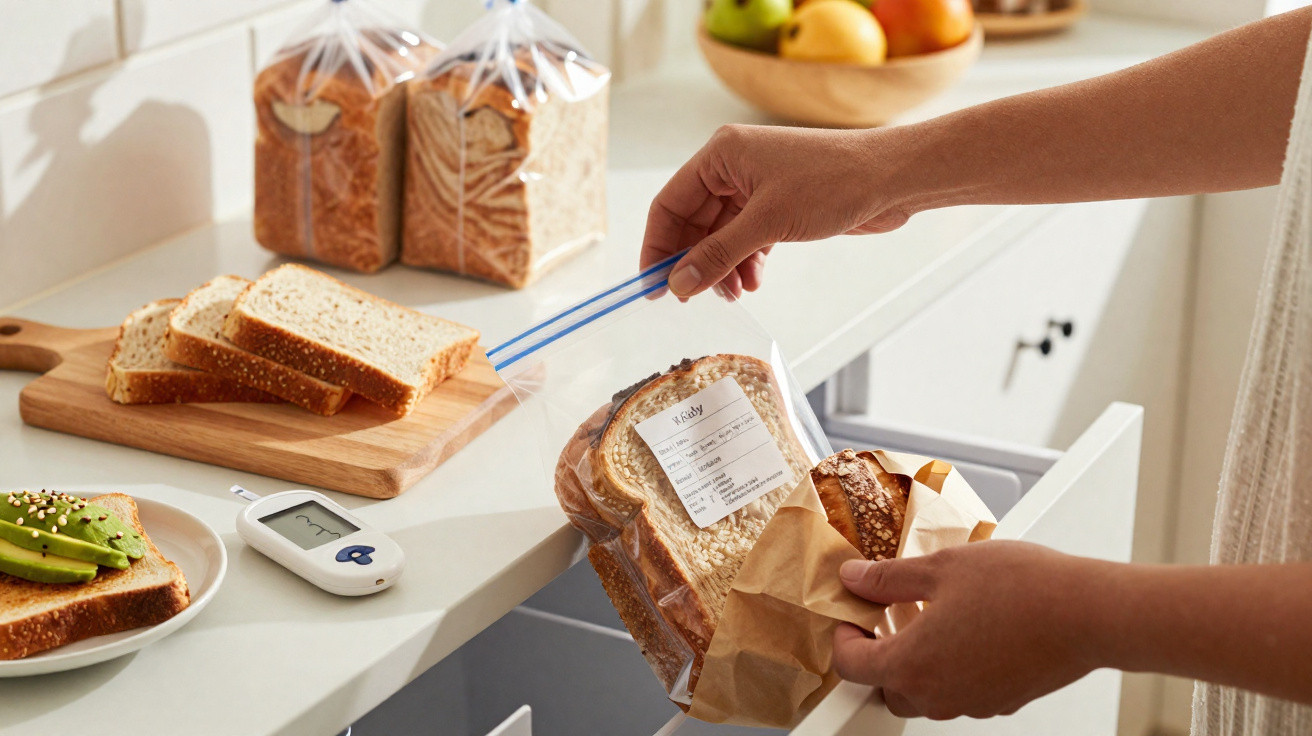 Pessoa guarda pão embalado num saco numa cozinha, com aparelho para medir glicose e fatias de pão na bancada.