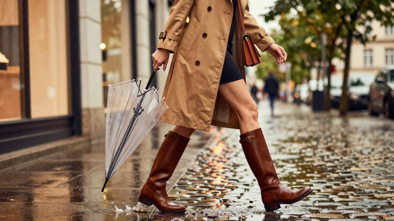 Pessoa de casaco castanho e botas a andar numa rua molhada, segurando um guarda-chuva transparente fechado.