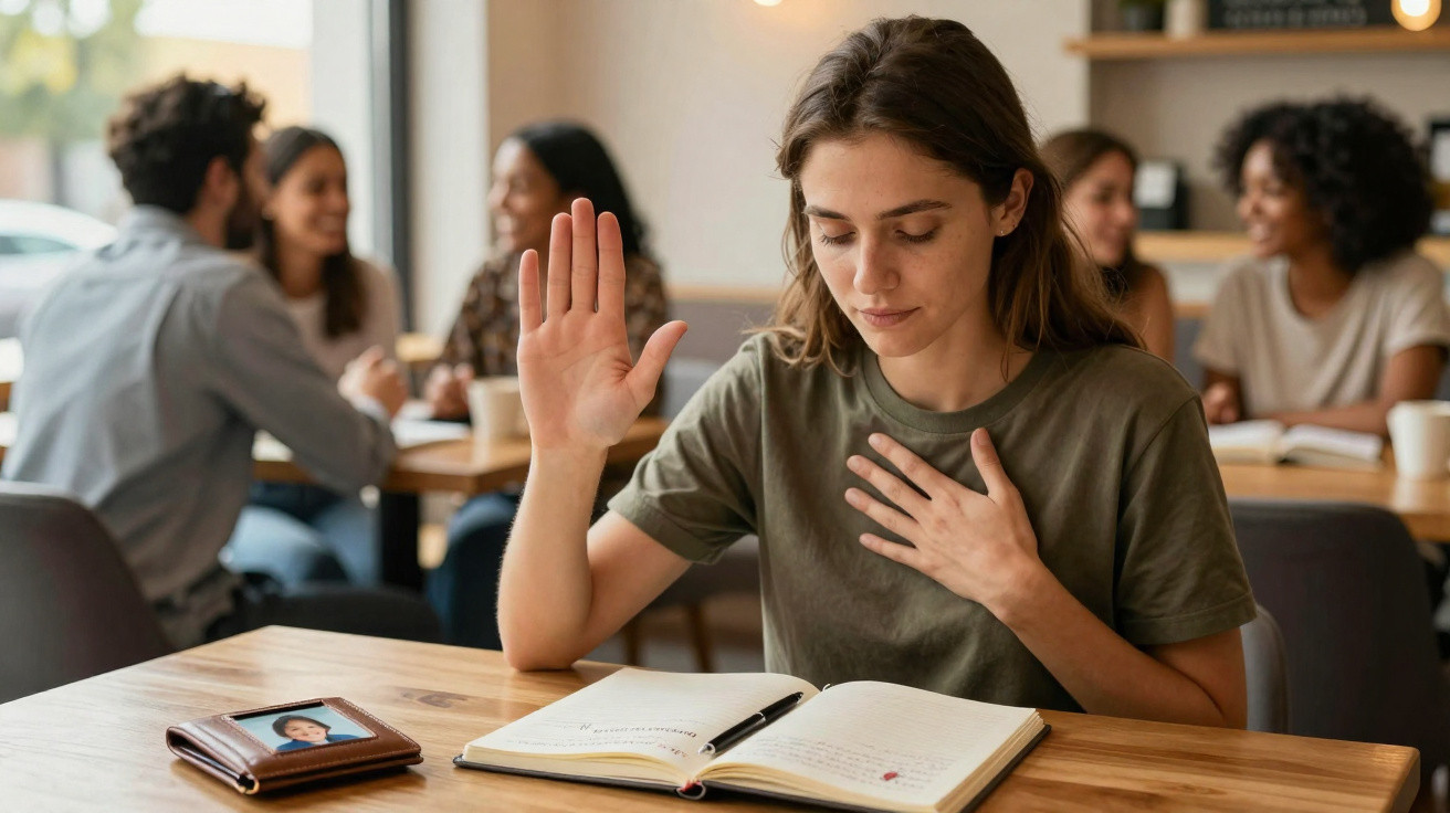 Mulher jovem faz juramento com a mão direita levantada e a esquerda no peito, sentada à mesa com livro aberto.