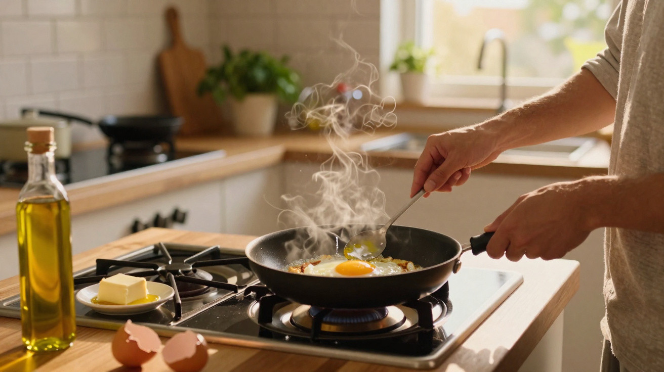 Pessoa a cozinhar ovos estrelados numa frigideira sobre um fogão a gás numa cozinha iluminada.