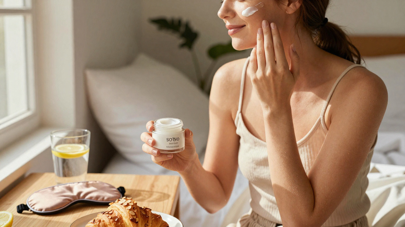 Mulher a aplicar creme hidratante no rosto, sentada à mesa com croissant, máscara de dormir e copo de água.