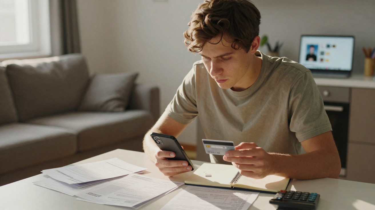 Jovem a verificar dados do cartão de crédito no telemóvel, com documentos e calculadora numa mesa.
