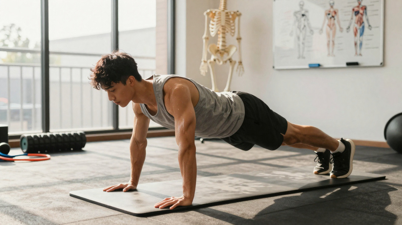 Homem a fazer prancha num tapete de exercício numa sala de fitness iluminada.