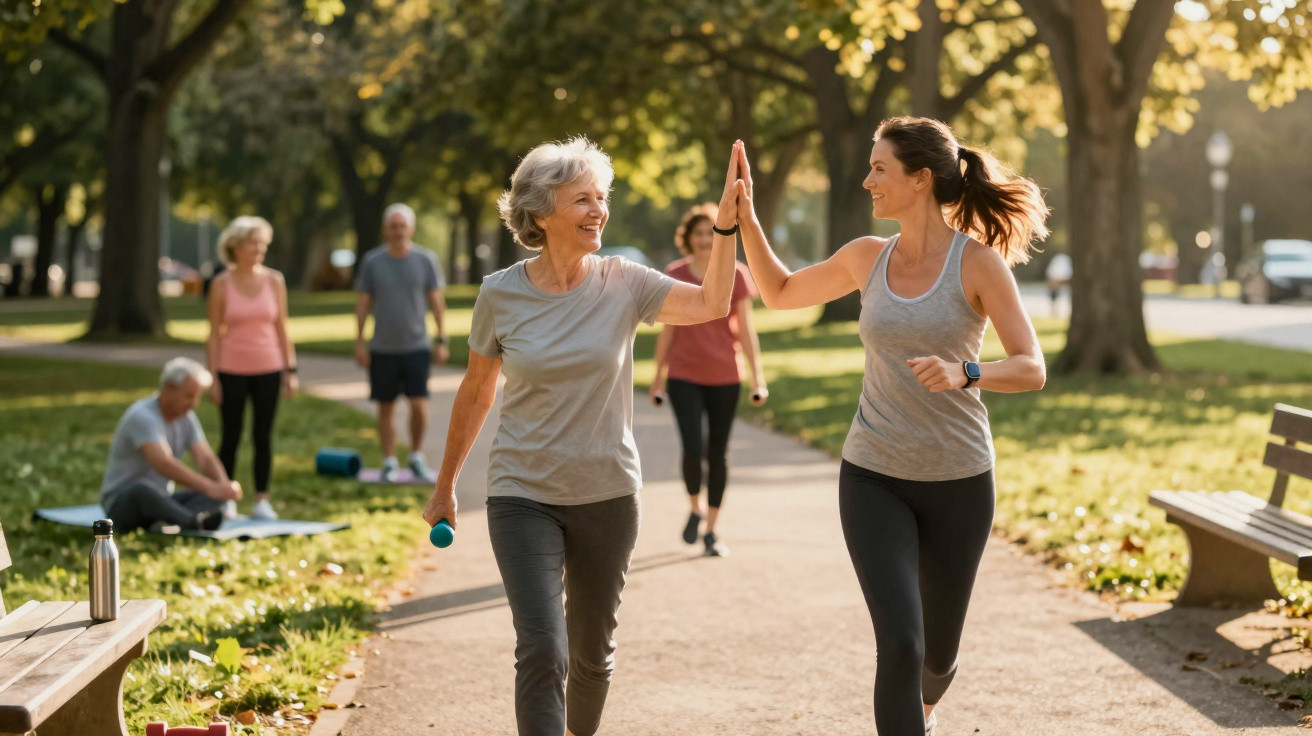 Duas mulheres a correr e a dar um high five num parque com outras pessoas a exercitar-se ao fundo.