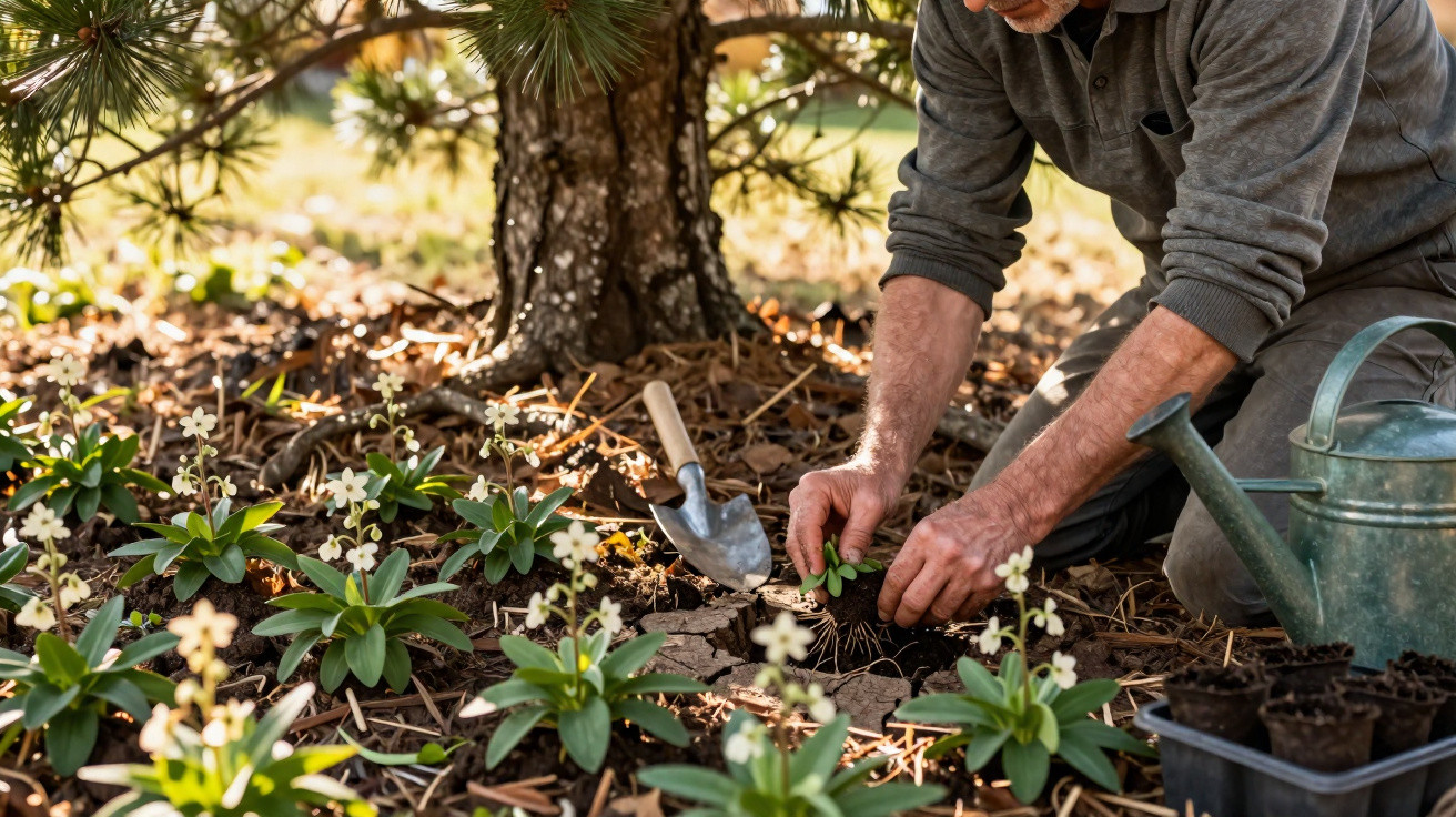 Homem a plantar flores brancas junto a uma árvore num jardim com regador e enxada ao lado.