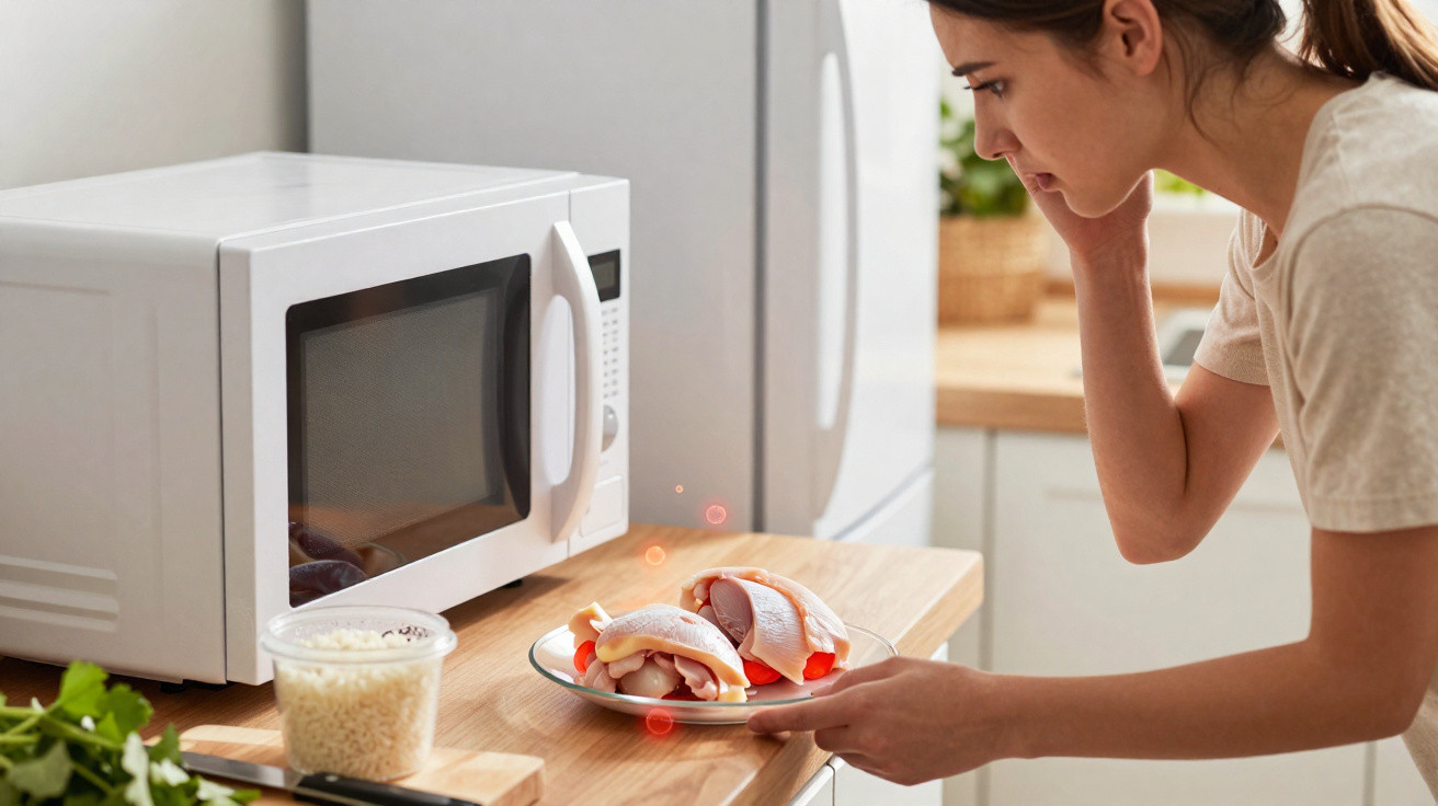 Mulher a cheirar pedaços de frango cru num prato ao lado de um micro-ondas na cozinha.
