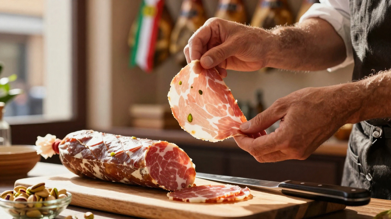 Pessoa a segurar fatia de enchido curado com pistáchios, fatias e faca em tábua de madeira numa cozinha.