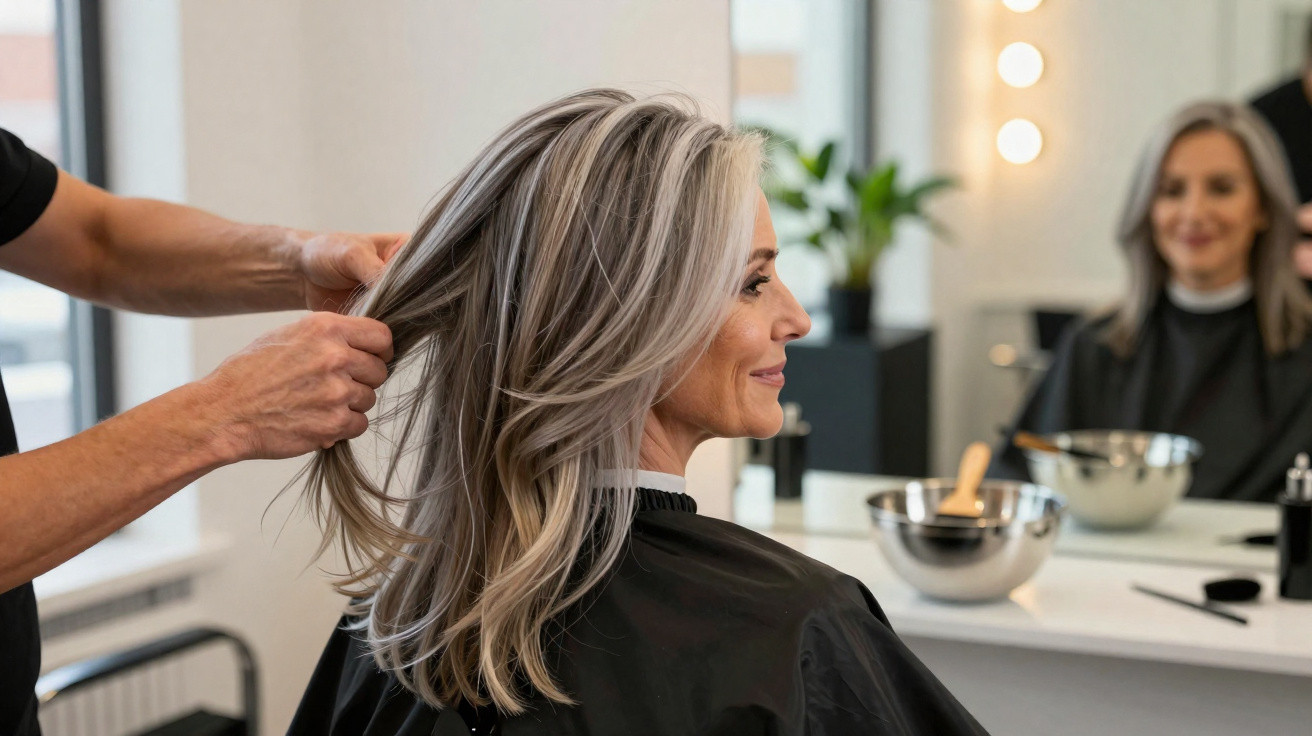 Mulher loira com cabelo cinzento a ser penteada num salão de cabeleireiro, sentada em frente ao espelho.