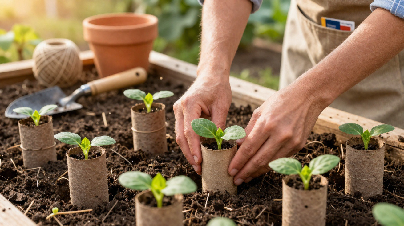 Mãos transplantam pequenas plantas verdes em vasos biodegradáveis numa cama de cultivo ao ar livre.