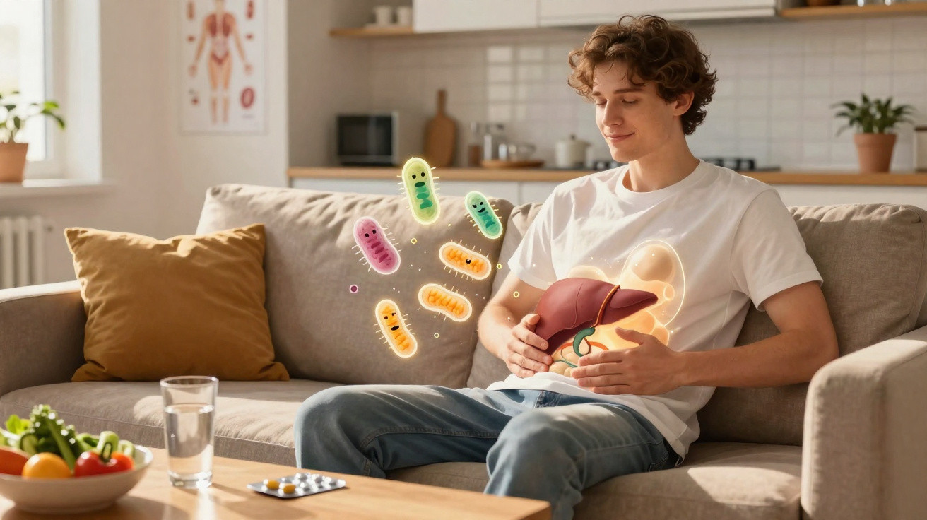 Homem sentado no sofá com ilustrações de fígado e estômago e bactérias coloridas visíveis.