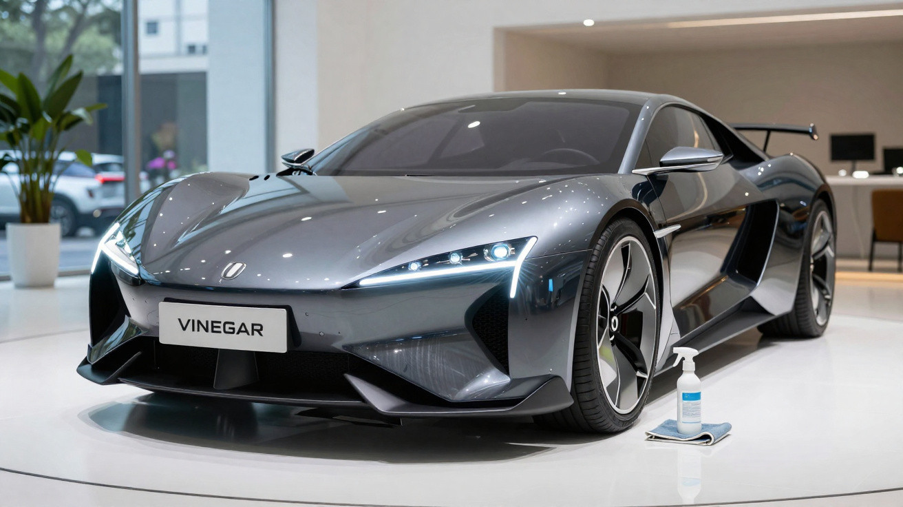 Carro desportivo preto brilhante em exposição, com faróis acesos e dispenser de álcool gel ao lado.
