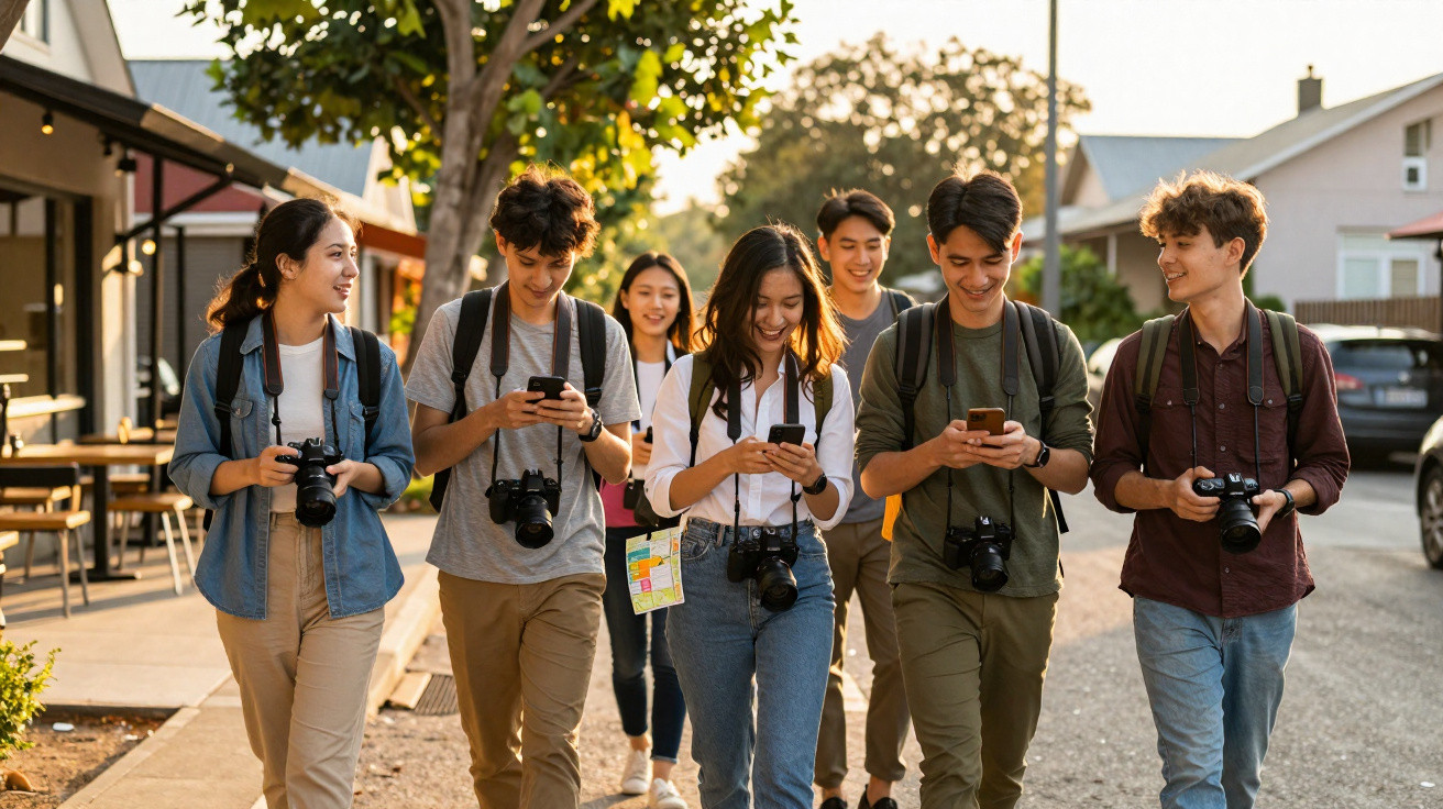 Grupo de jovens com mochilas e máquinas fotográficas a caminhar num bairro urbano, alguns a usar telemóveis.