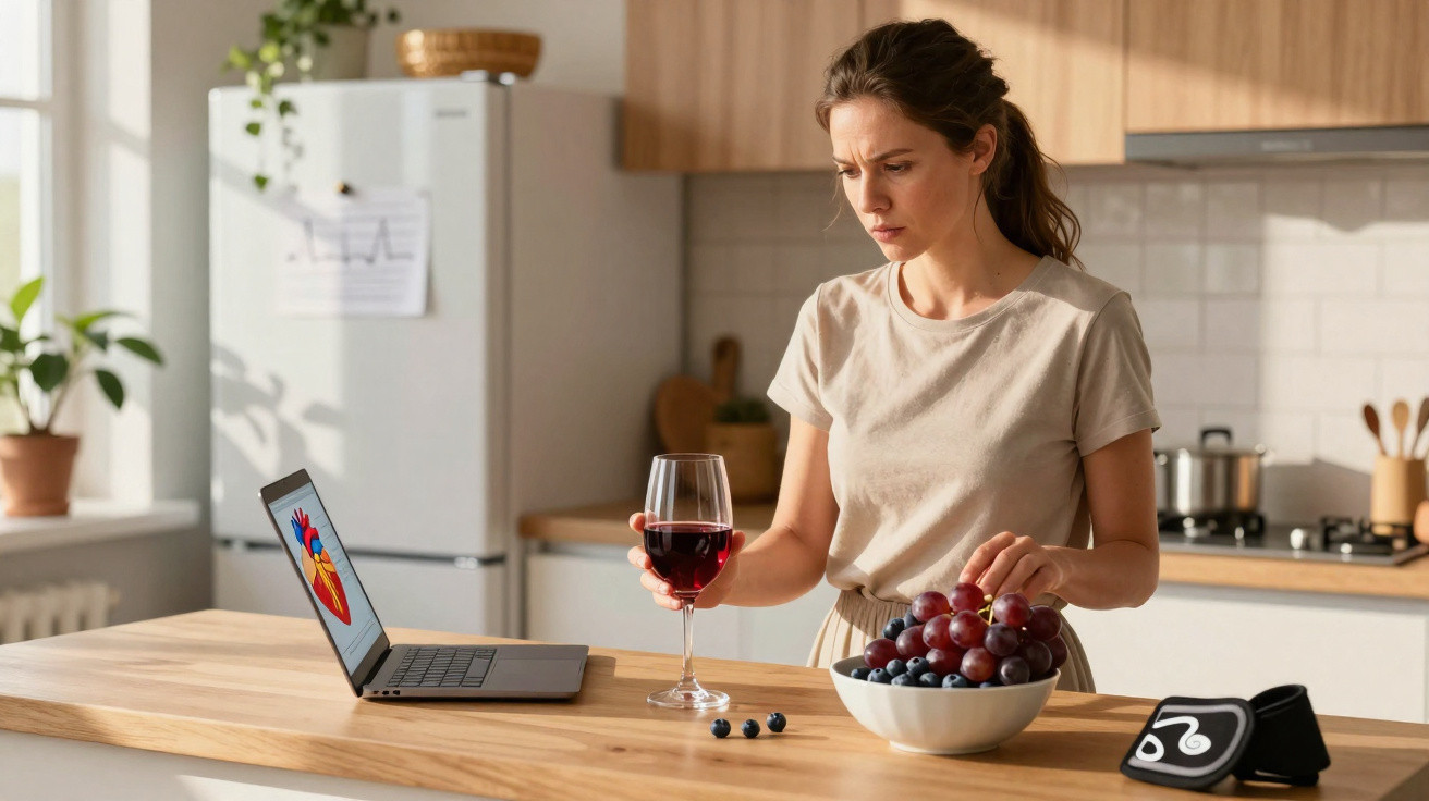 Mulher numa cozinha segurando copo de vinho tinto e escolhendo uvas junto a portátil.