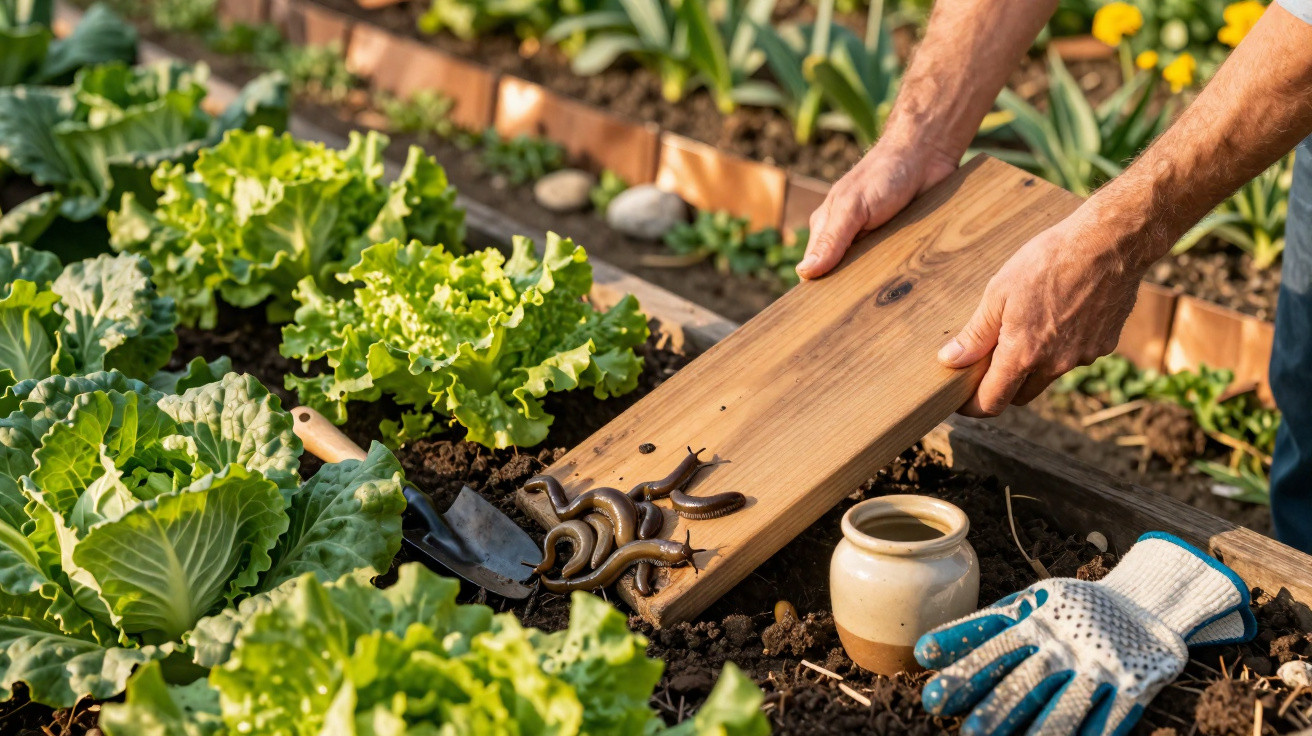 Mãos a remover lesmas com tábua numa horta com alfaces e ferramentas de jardinagem.