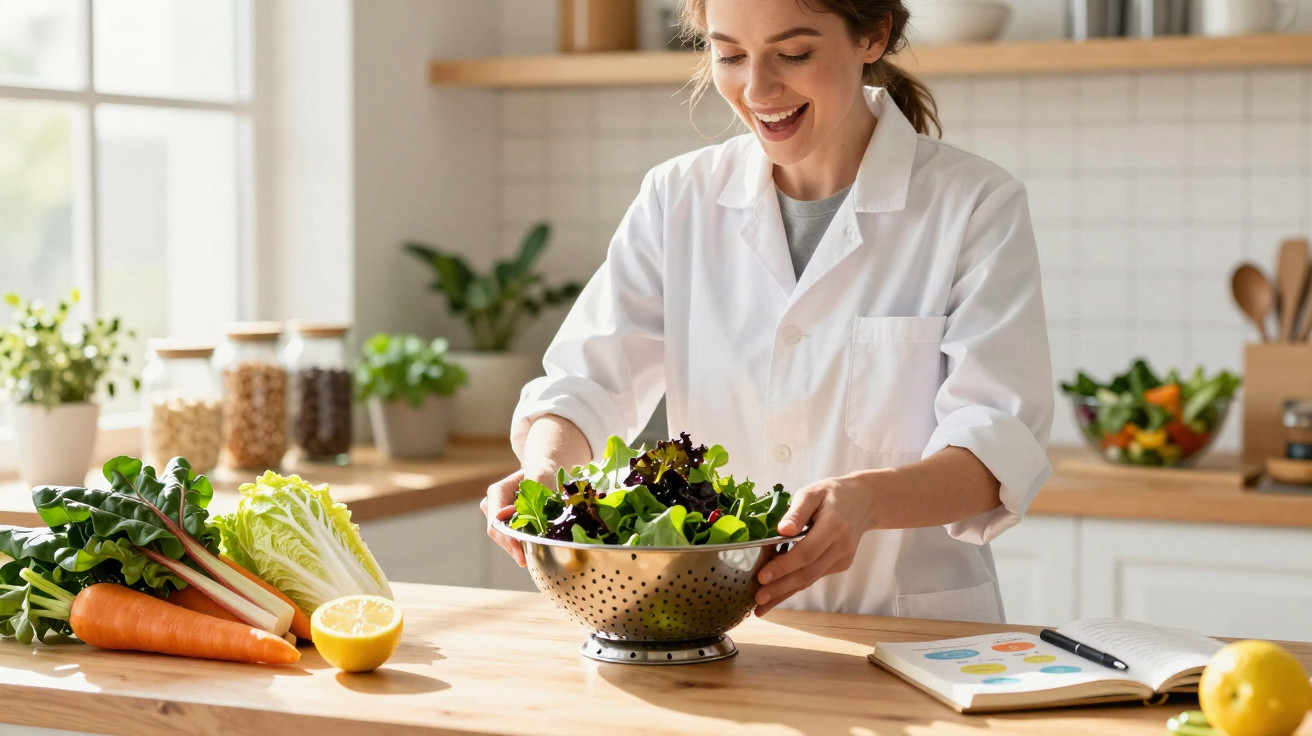 Mulher sorridente a preparar salada com legumes frescos numa cozinha iluminada.