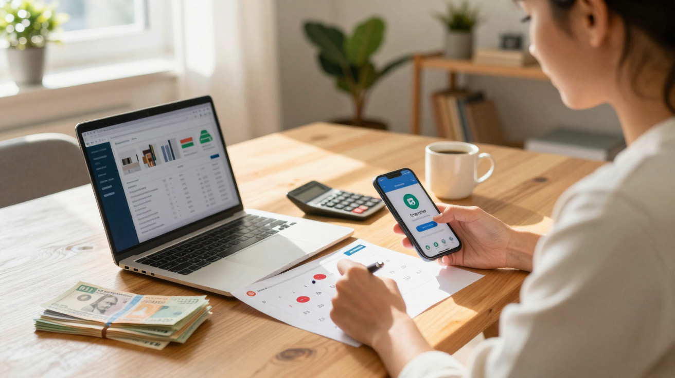 Pessoa a usar smartphone com aplicação de segurança enquanto trabalha com calendário, laptop, calculadora e dinheiro numa mes