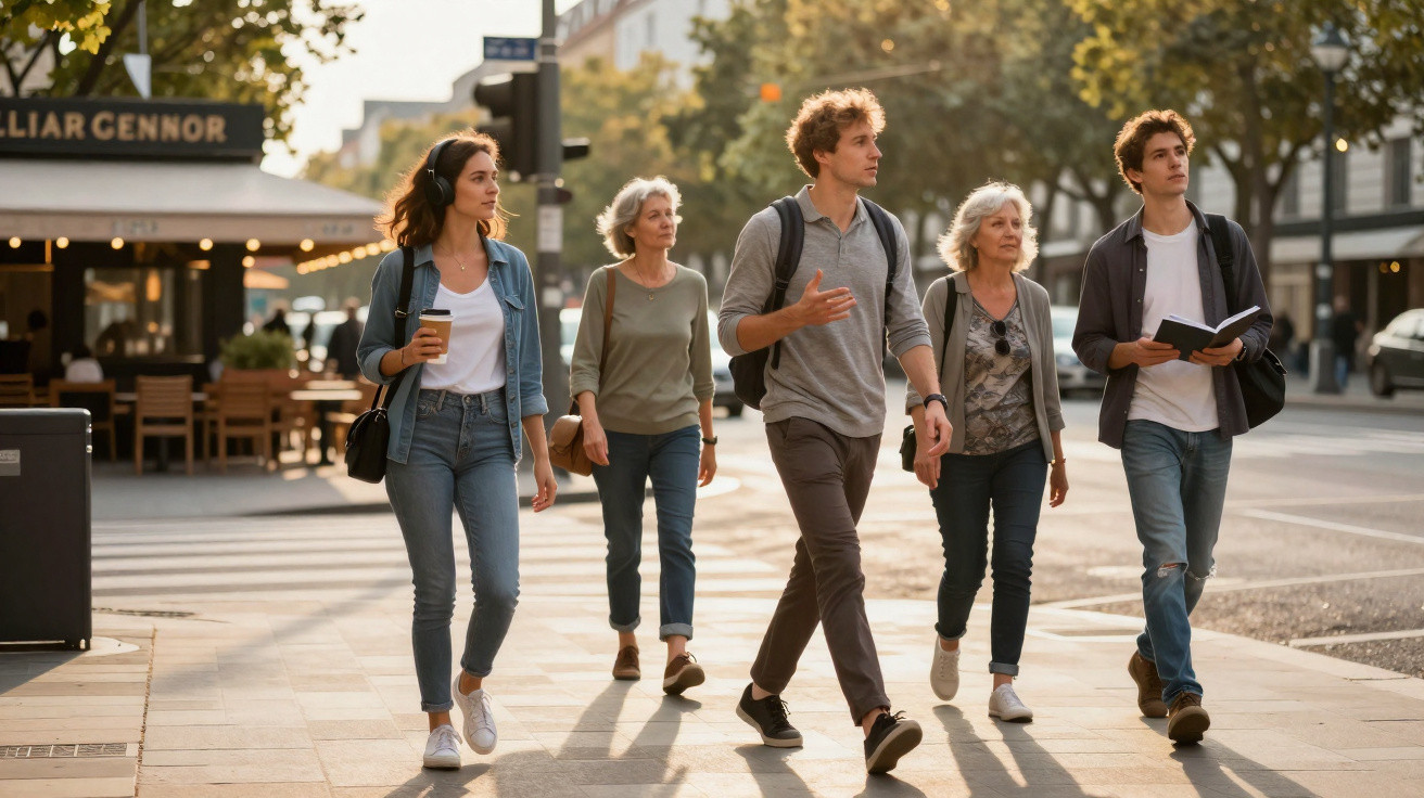 Cinco pessoas jovens a caminhar numa calçada urbana ensolarada com árvores e cafés ao fundo.