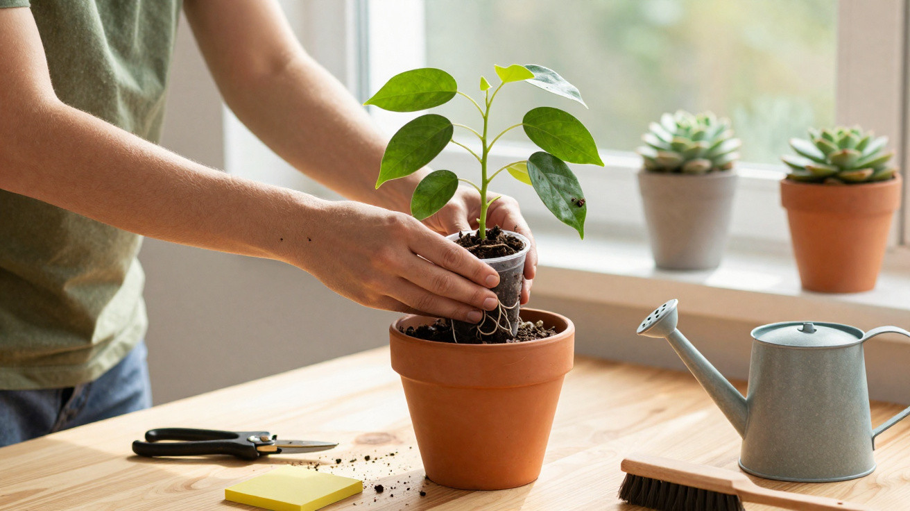 Pessoa a transplantar planta para vaso de barro numa mesa com regador e tesoura.