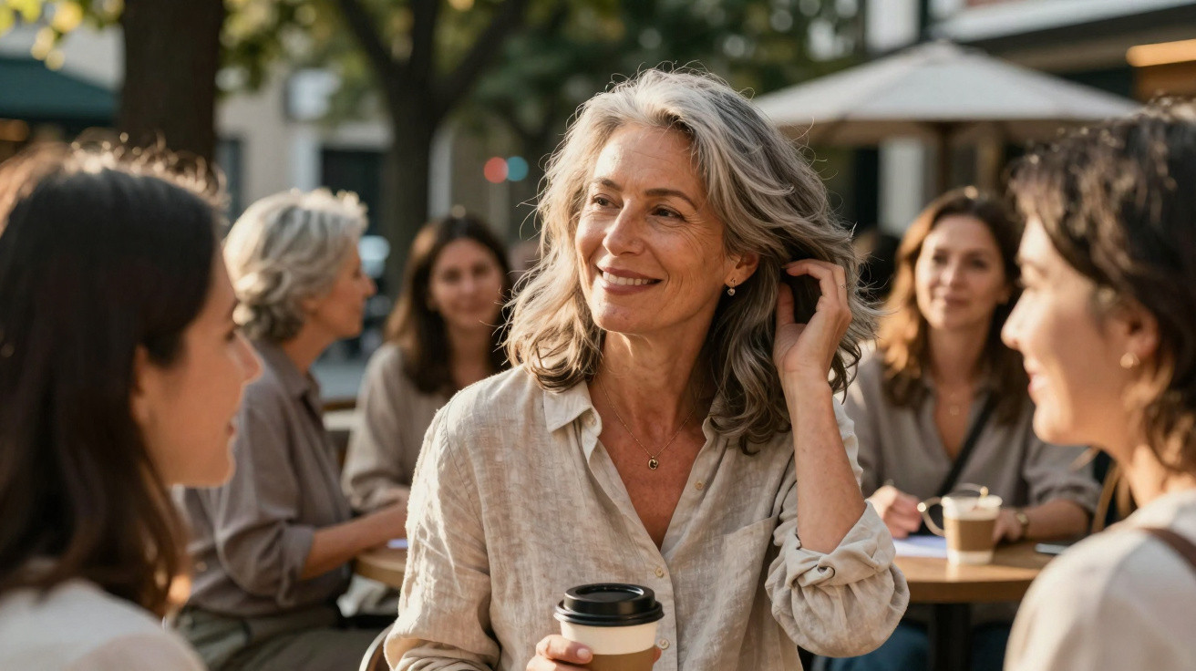 Grupo de mulheres a conviver ao ar livre, em café, durante o dia, com café na mão e a conversar.