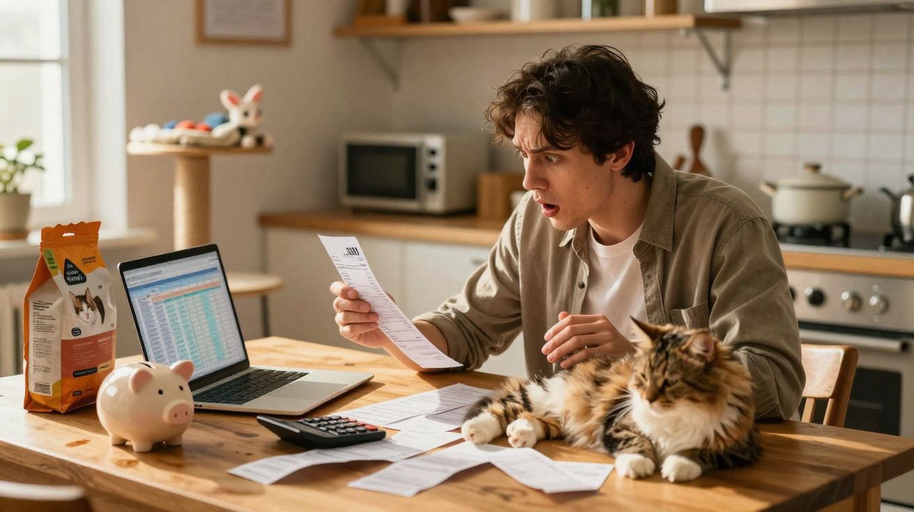 Jovem surpreendido a analisar faturas na cozinha com gato, laptop, calculadora e mealheiro na mesa.