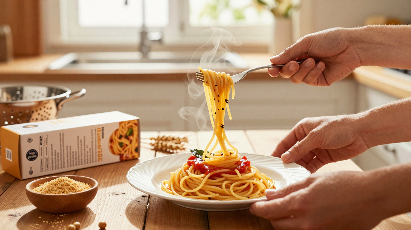 Pessoa servindo esparguete quente com molho de tomate num prato branco numa cozinha iluminada.