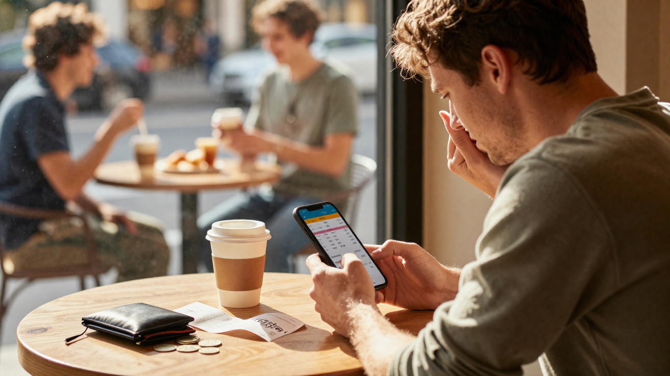 Homem sentado num café a olhar para o telemóvel com café e carteira na mesa, duas pessoas ao fundo.
