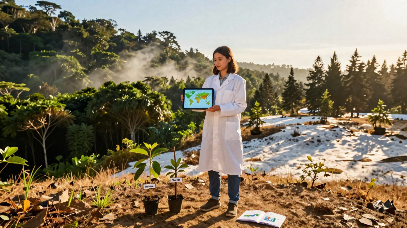 Mulher com bata branca segura tablet com mapa, rodeada de plantas e paisagem natural com neve ao fundo.