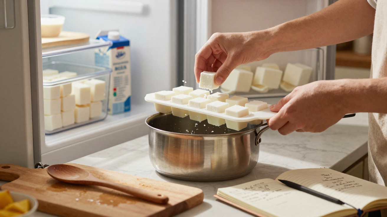 Mãos a retirar cubos de manteiga de formas para colocar numa panela em cozinha com frigorífico aberto ao fundo.