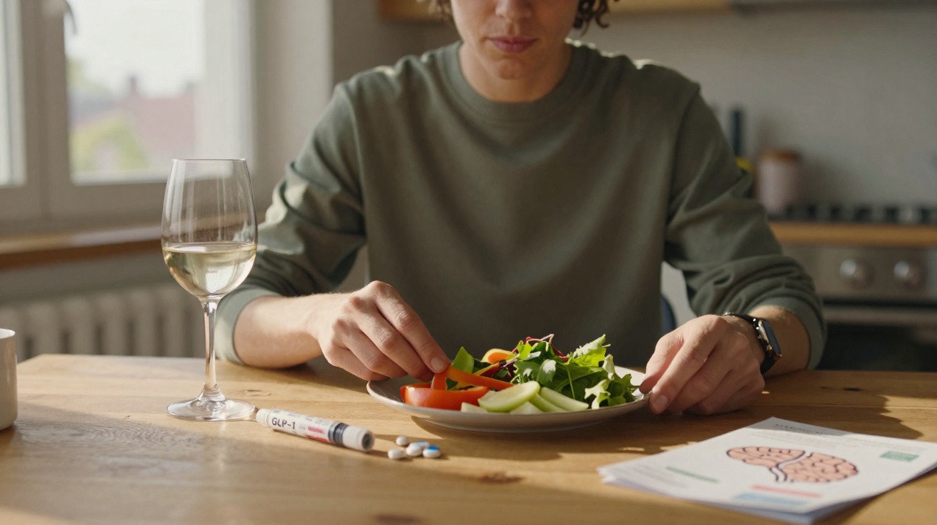 Pessoa a preparar uma salada com legumes frescos, vinho branco e medicação sobre uma mesa de madeira.