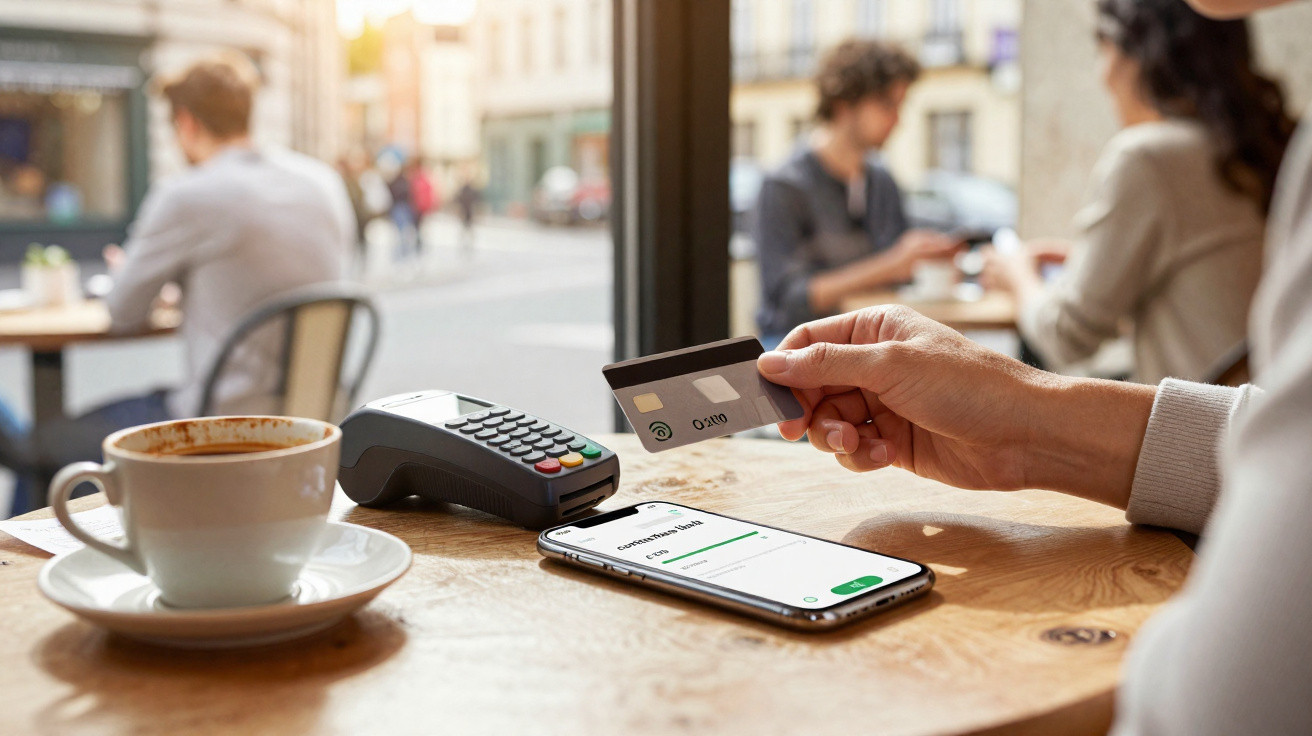 Pessoa a usar cartão contactless para pagar com terminal de pagamento numa mesa de café com smartphone e chávena.