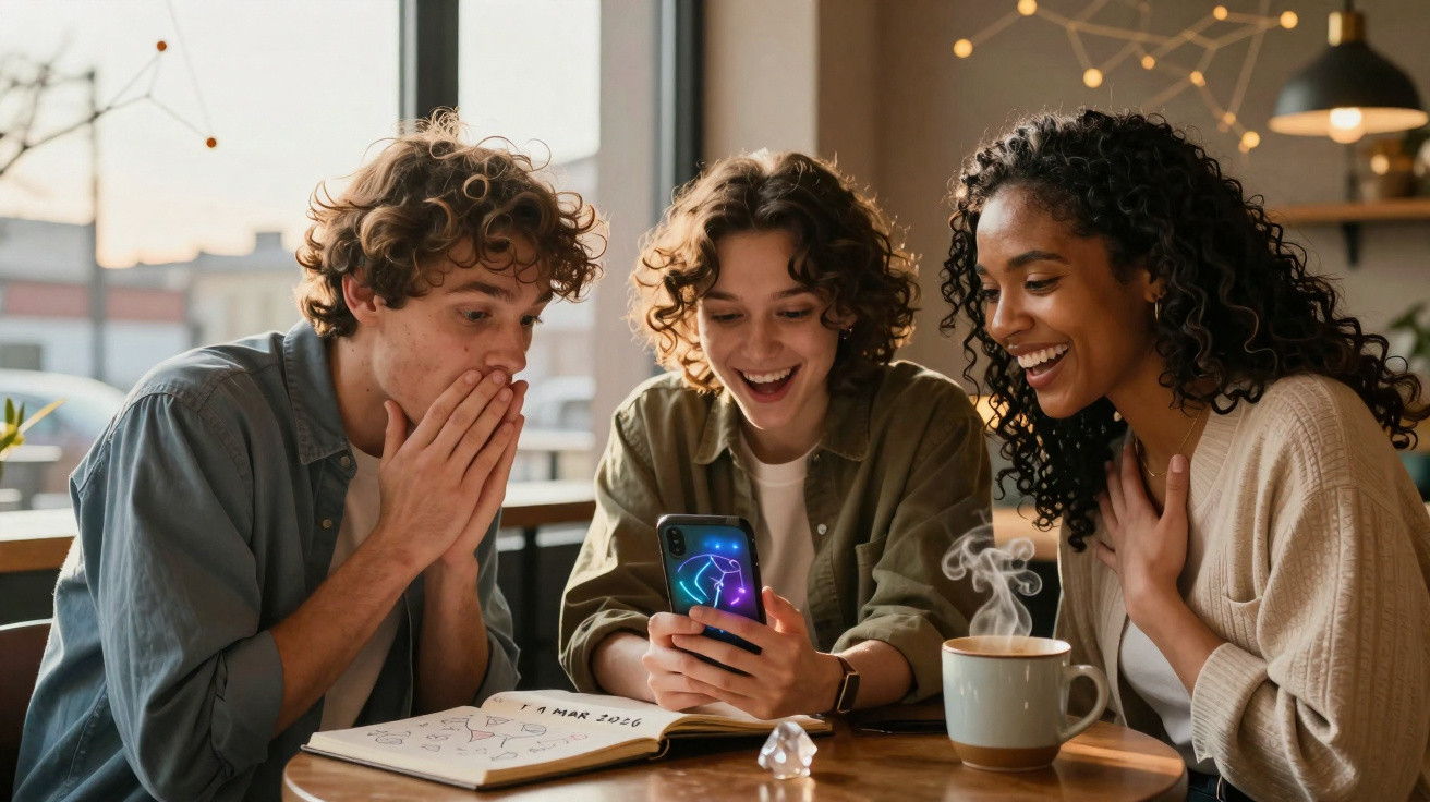 Três amigos sorridentes olham para um telemóvel numa mesa com caderno e chá fumegante.