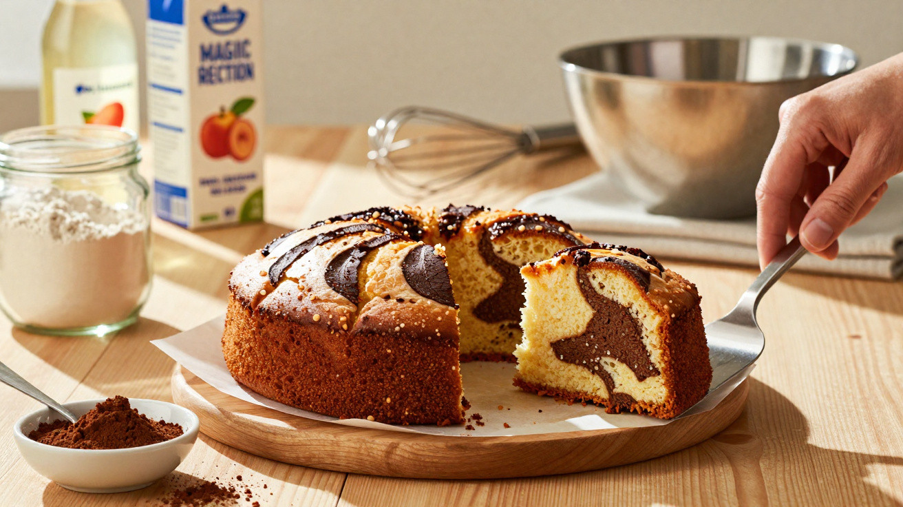 Bolo mármore com cobertura de chocolate a ser servido numa espátula, com ingredientes ao fundo numa mesa de madeira.