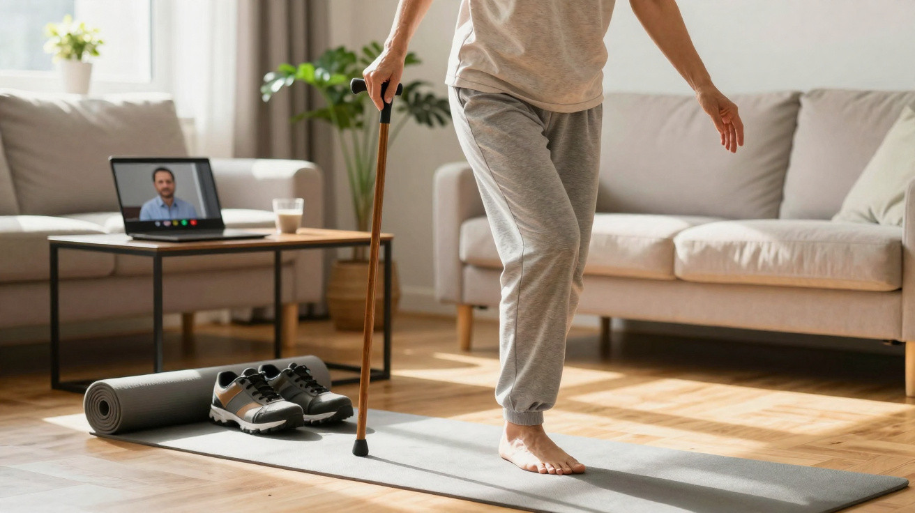 Pessoa a equilibrar-se descalça numa passadeira com ajuda de uma bengala, em sala com computador e sapatos perto.