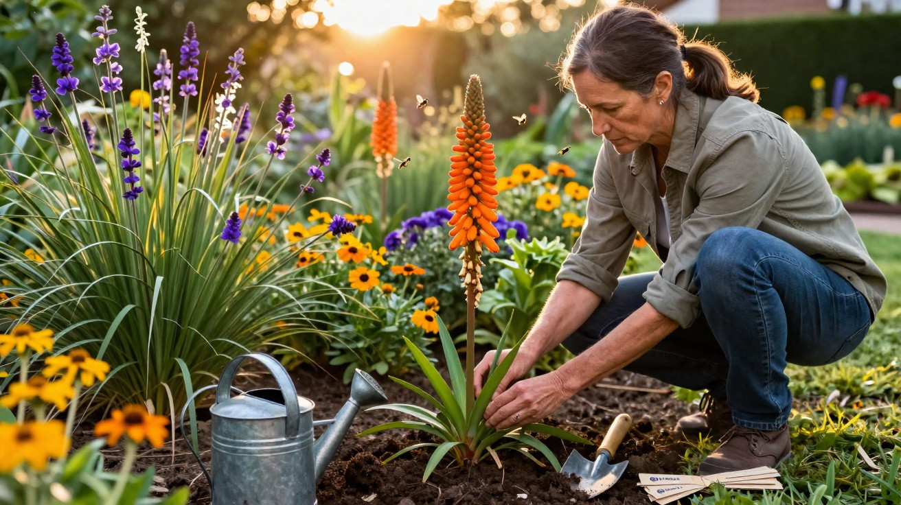 Mulher a cuidar de planta com flores laranja num jardim florido ao pôr do sol.