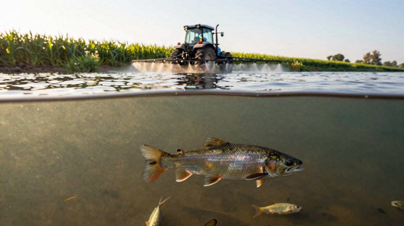 Peixe a nadar em água perto de cultura agrícola sendo pulverizada por trator ao fundo.