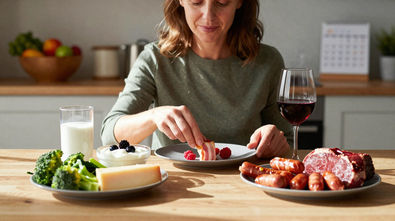 Mulher a escolher fatias de bacon e frutos vermelhos numa mesa com pratos de legumes, queijo, carne e vinho.
